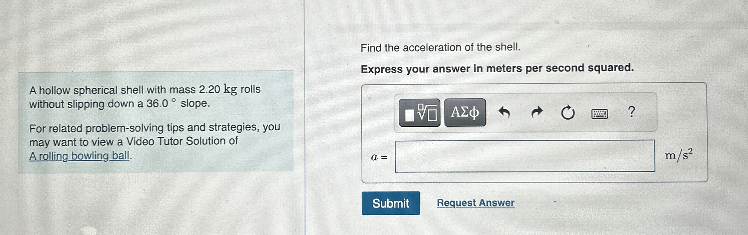 A hollow spherical shell with mass 2 . 2 0 kg