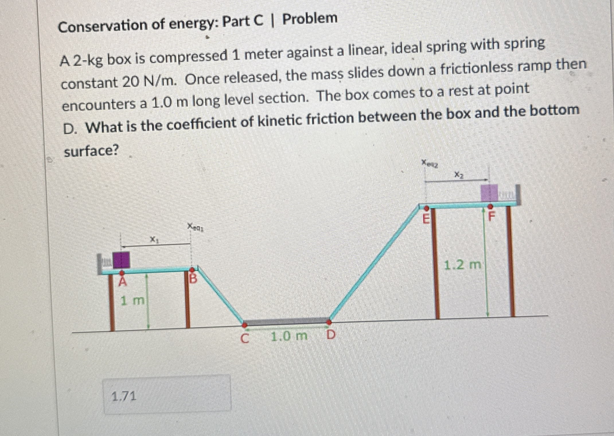 A 2 - kg box is compressed 1 meter against a