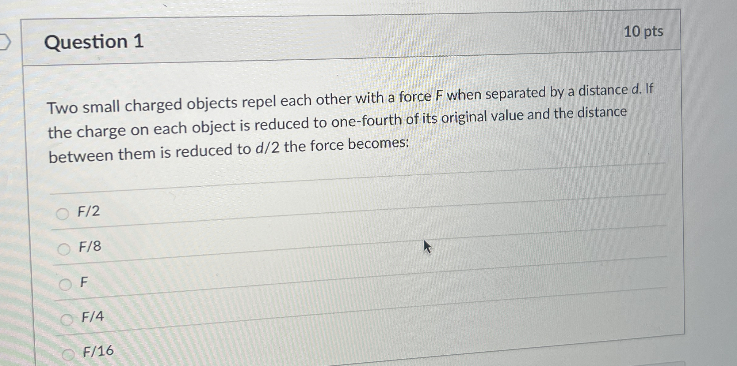 Question 1 1 0 pts Two small charged objects
