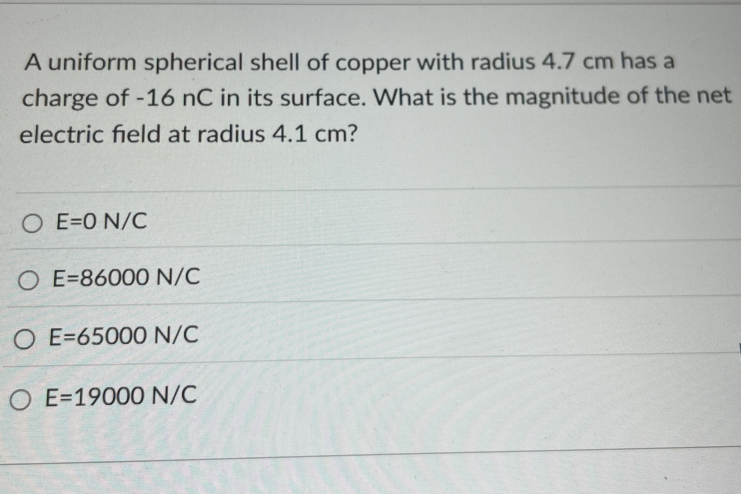 A uniform spherical shell of copper with radius 4