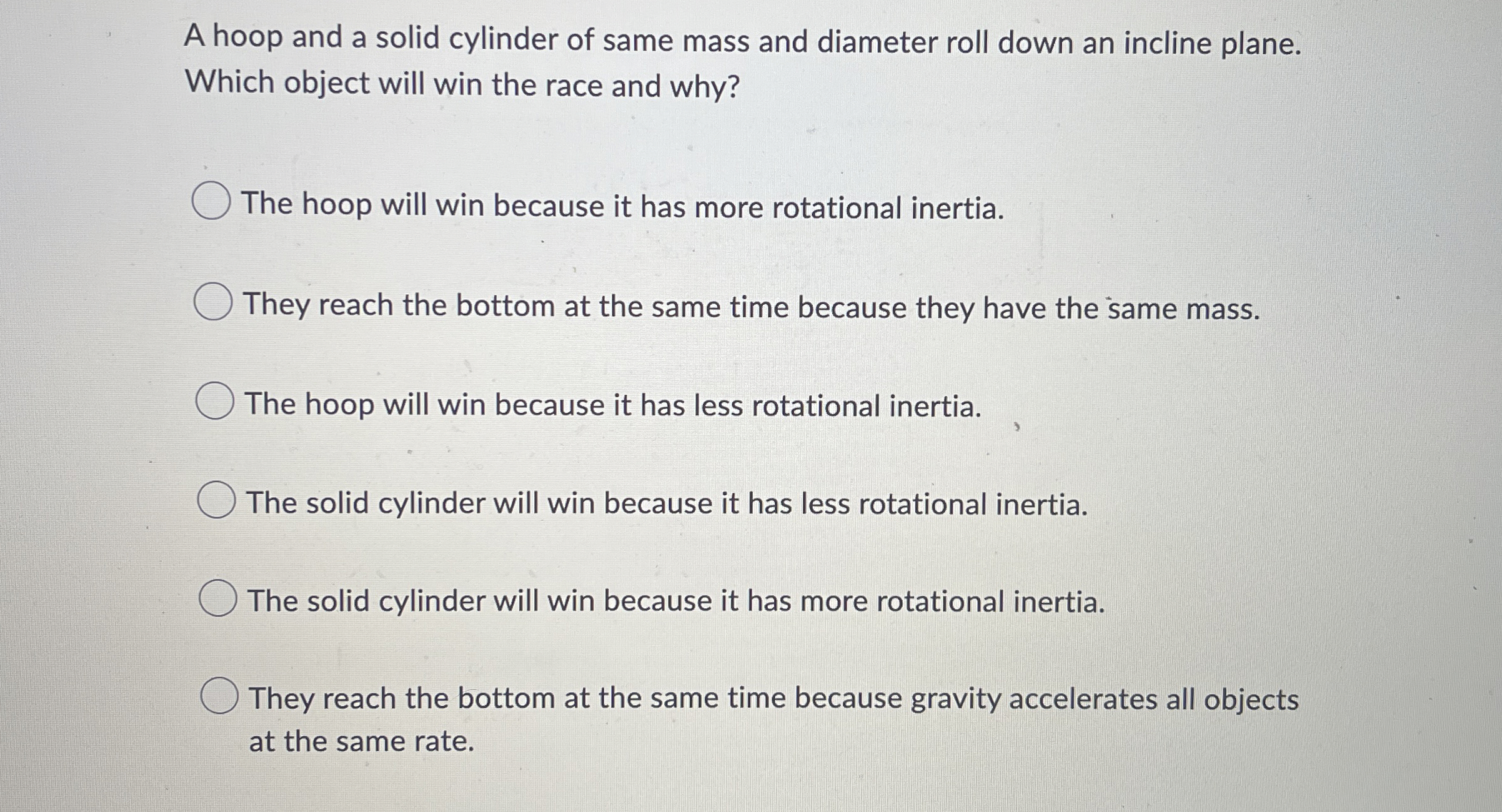 A hoop and a solid cylinder of same mass and