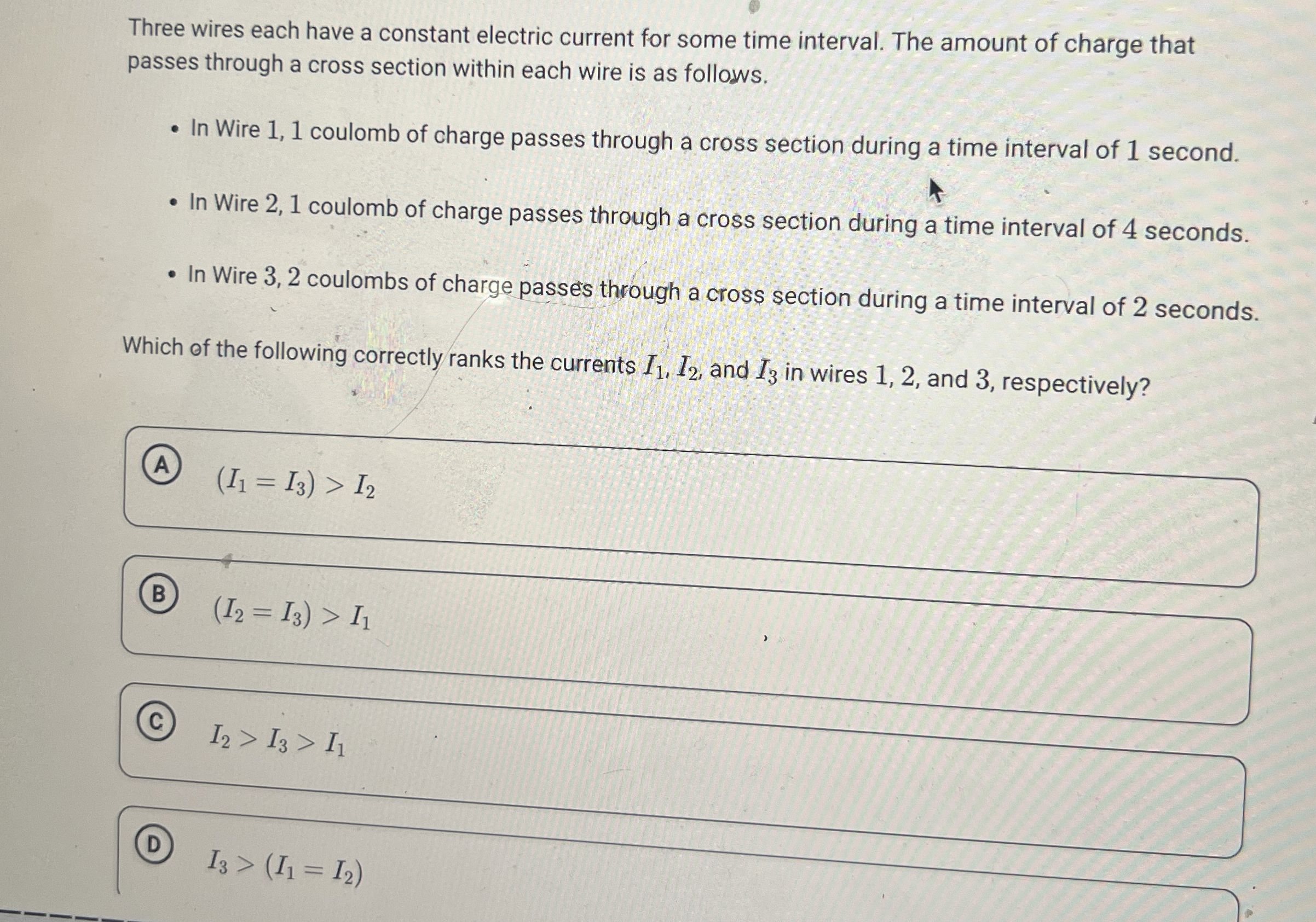 Three wires each have a constant electric current