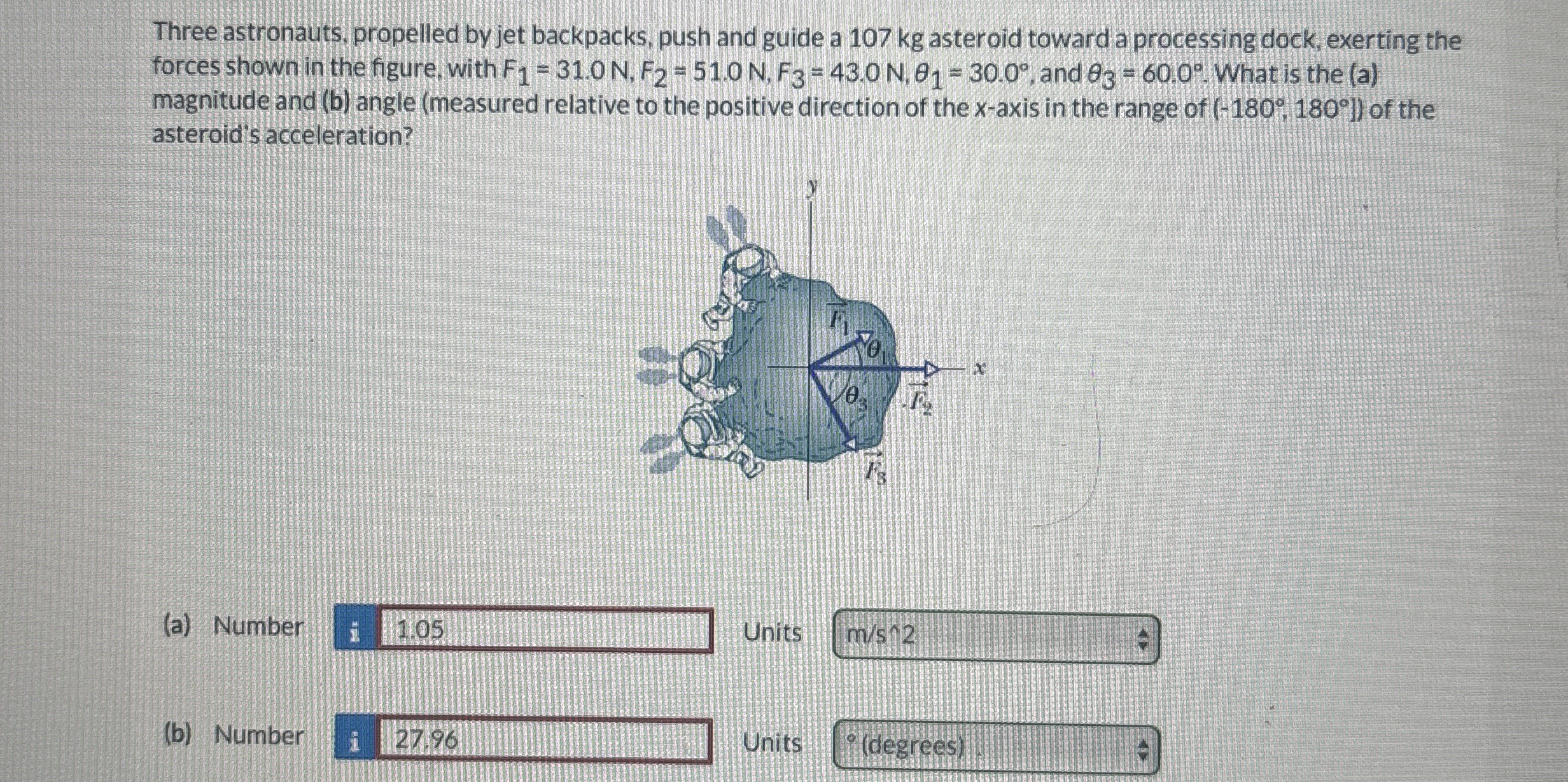 Three astronauts, propelled by jet backpacks,