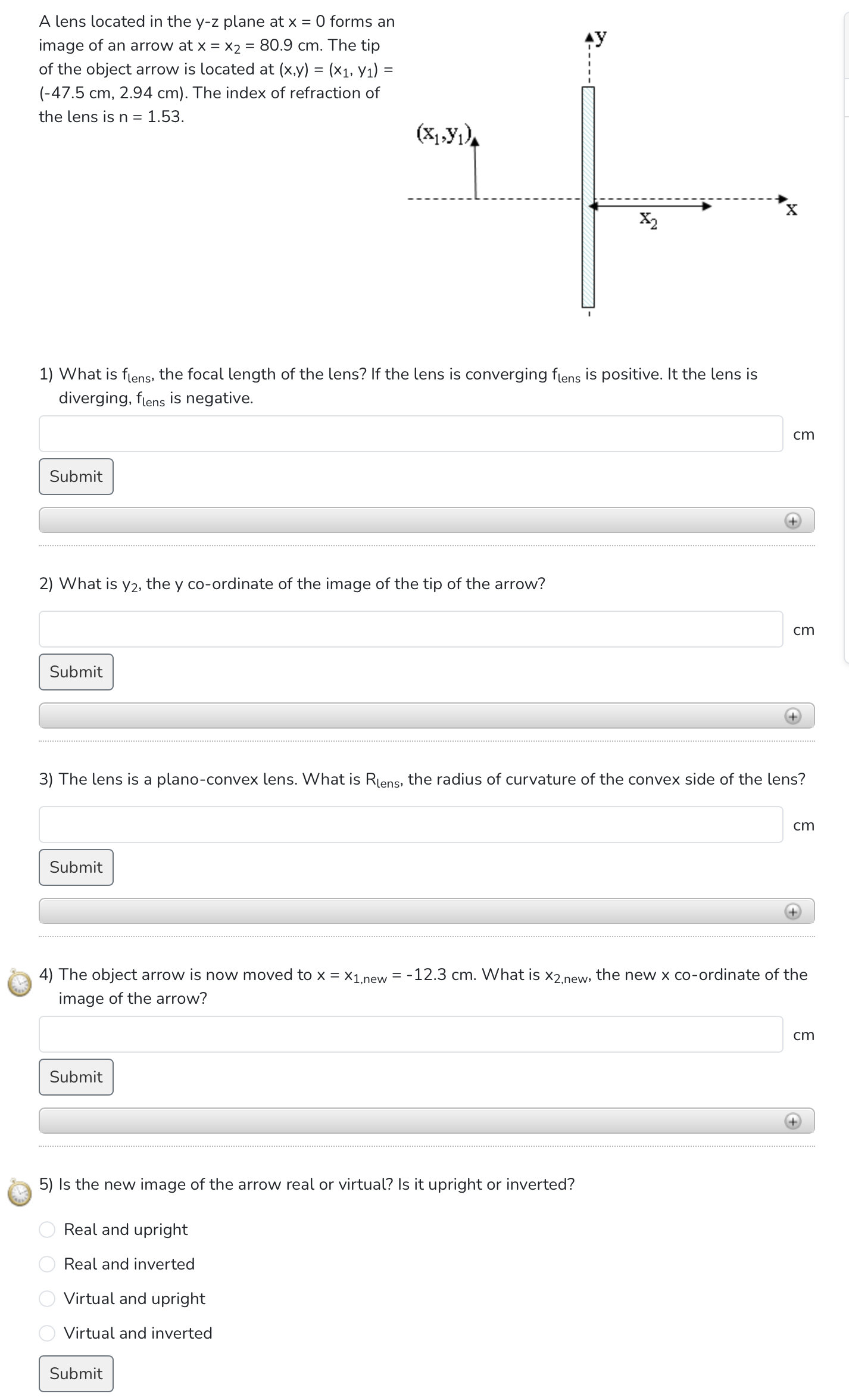A lens located in the y - z plane at x = 0 forms