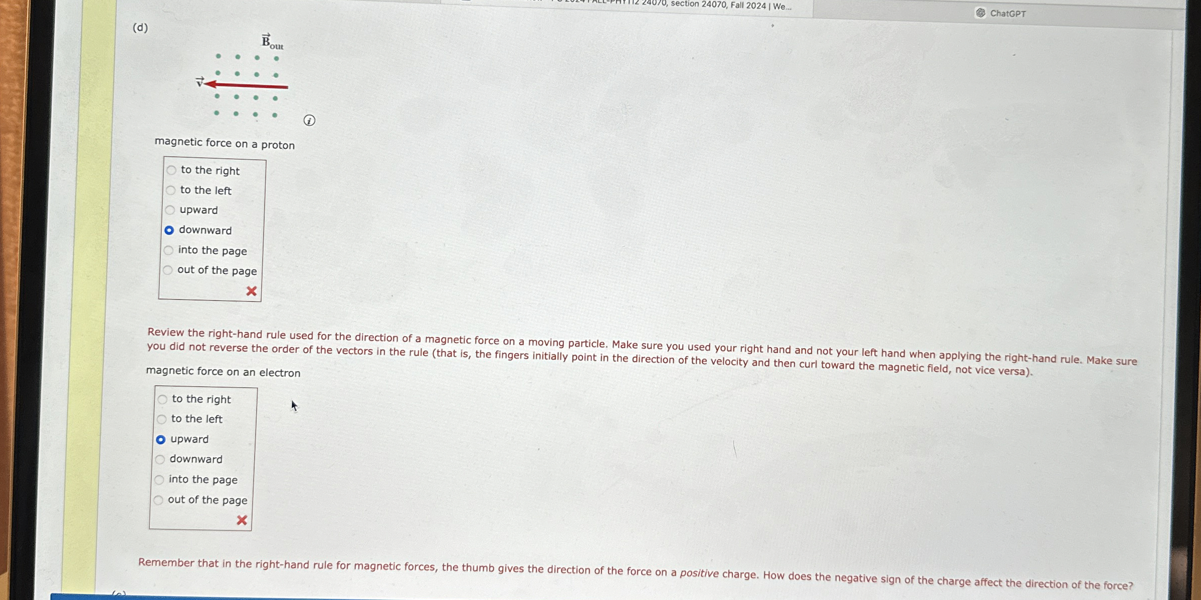 Into the page and out of the page is incorrect