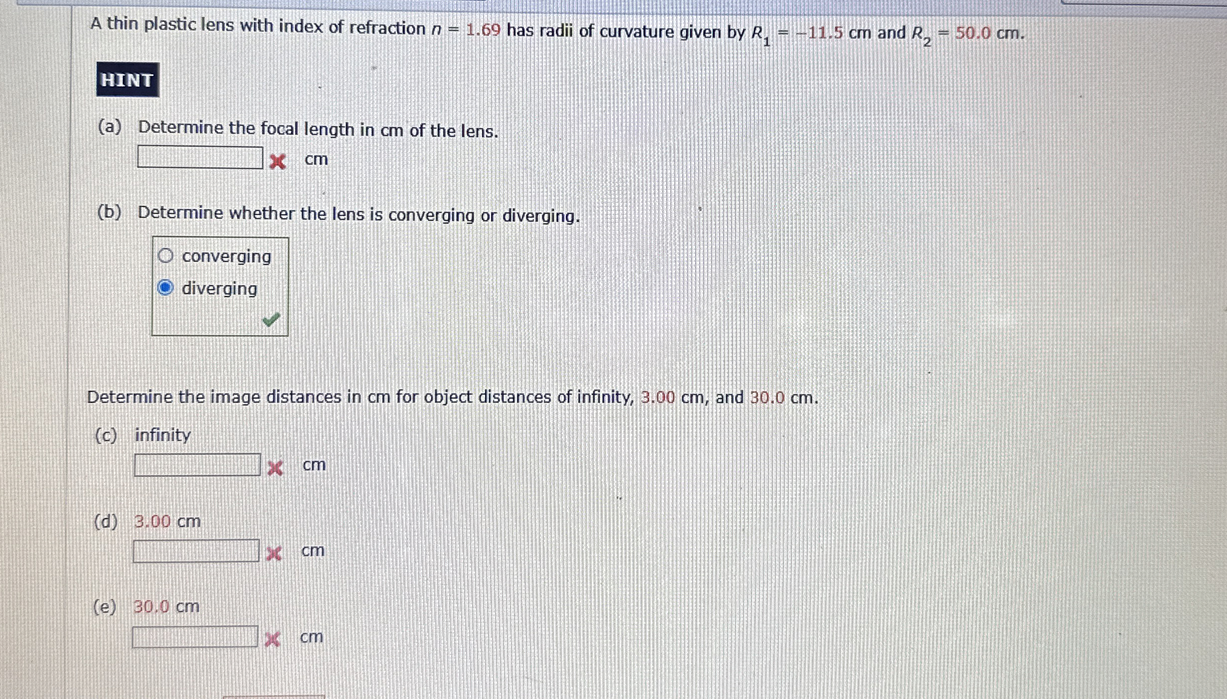 A thin plastic lens with index of refraction n =