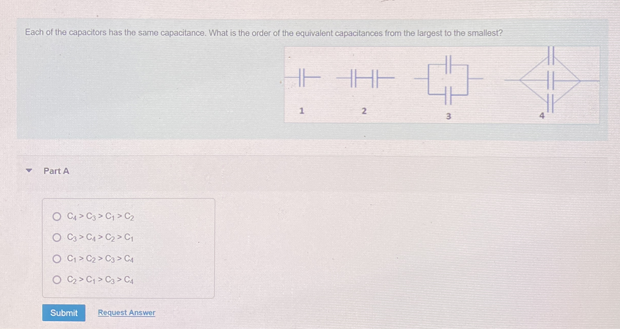 Each of the capacitors has the same capacitance.