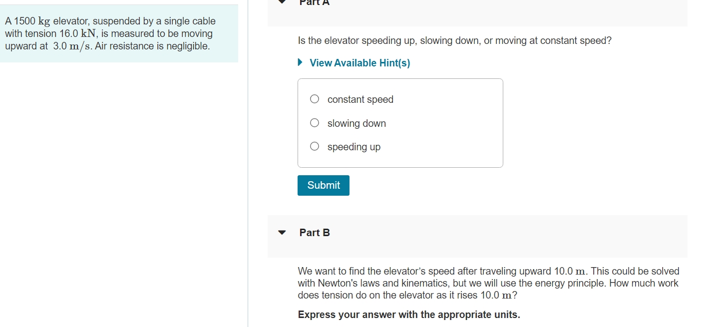 A 1 5 0 0 kg elevator, suspended by a single