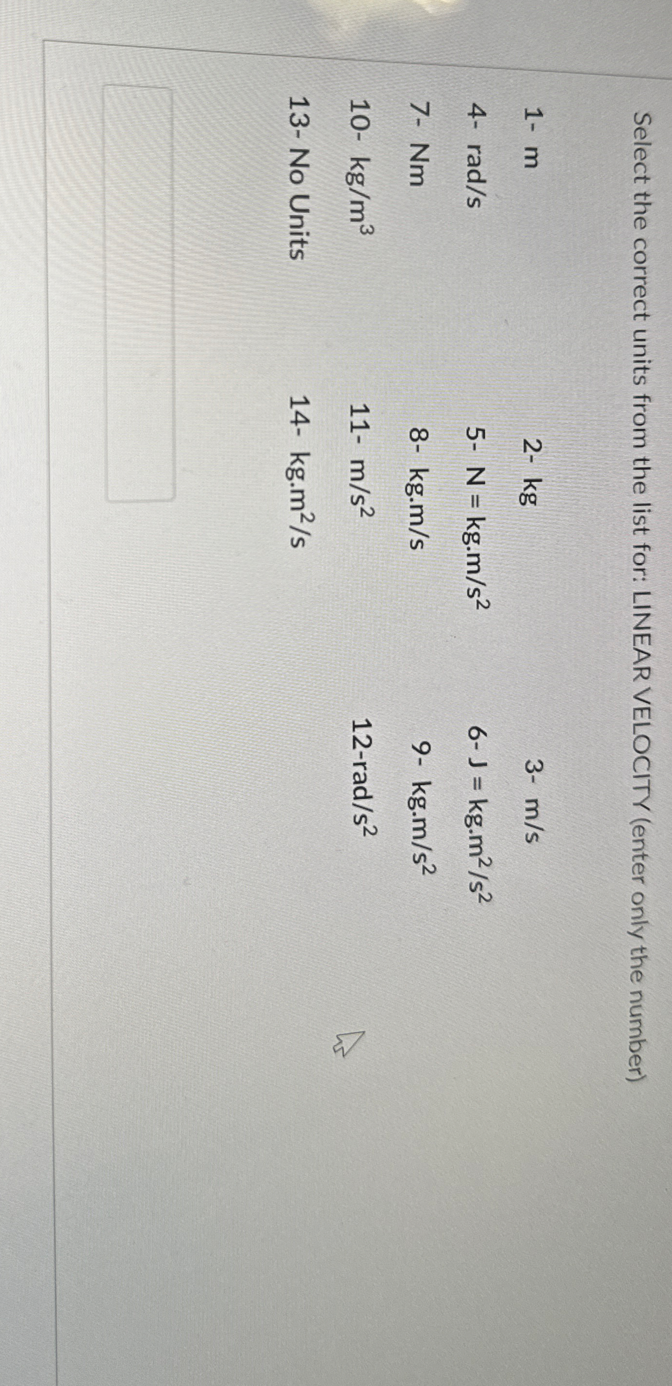 Select the correct units from the list for: