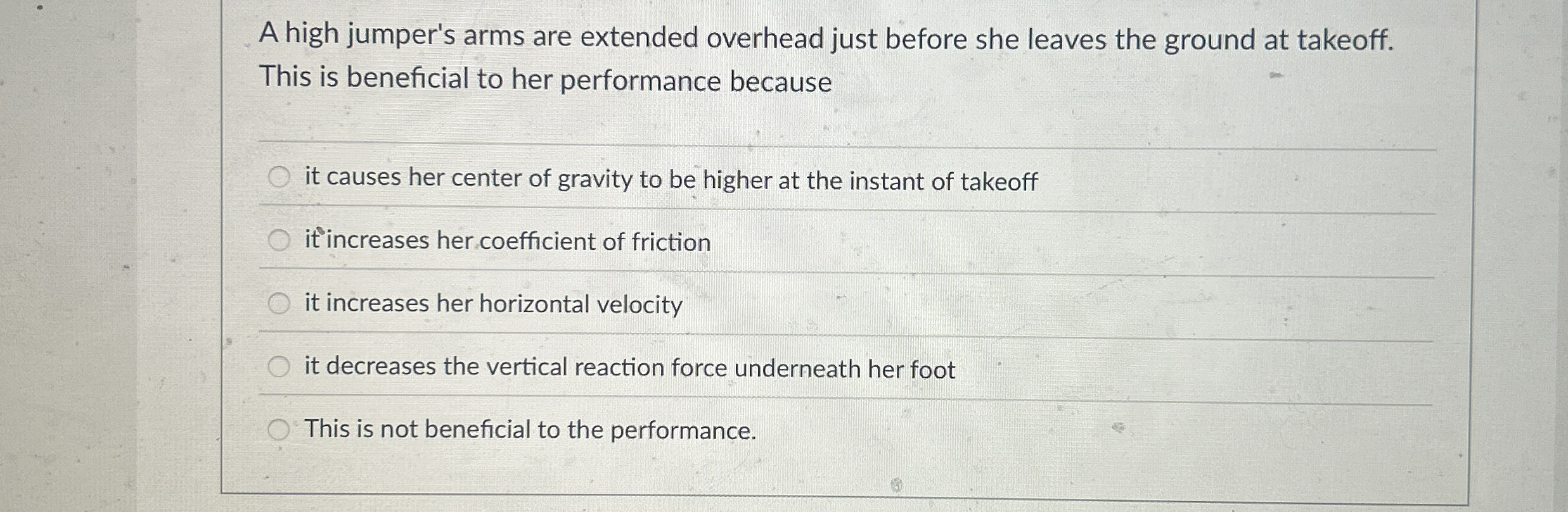 A high jumper's arms are extended overhead just