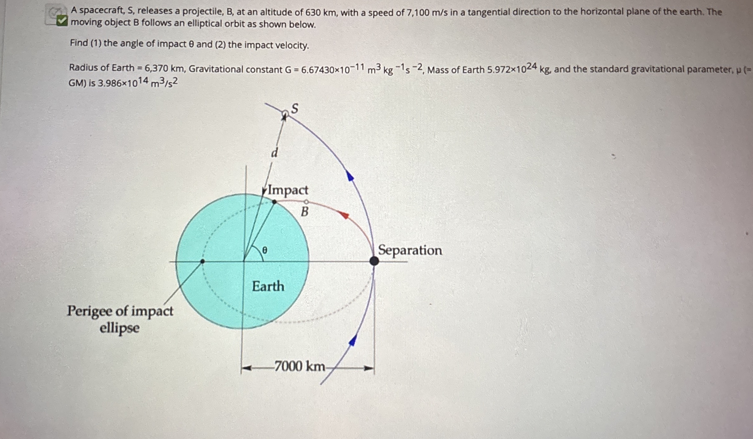A spacecraft, S , releases a projectile, B , at