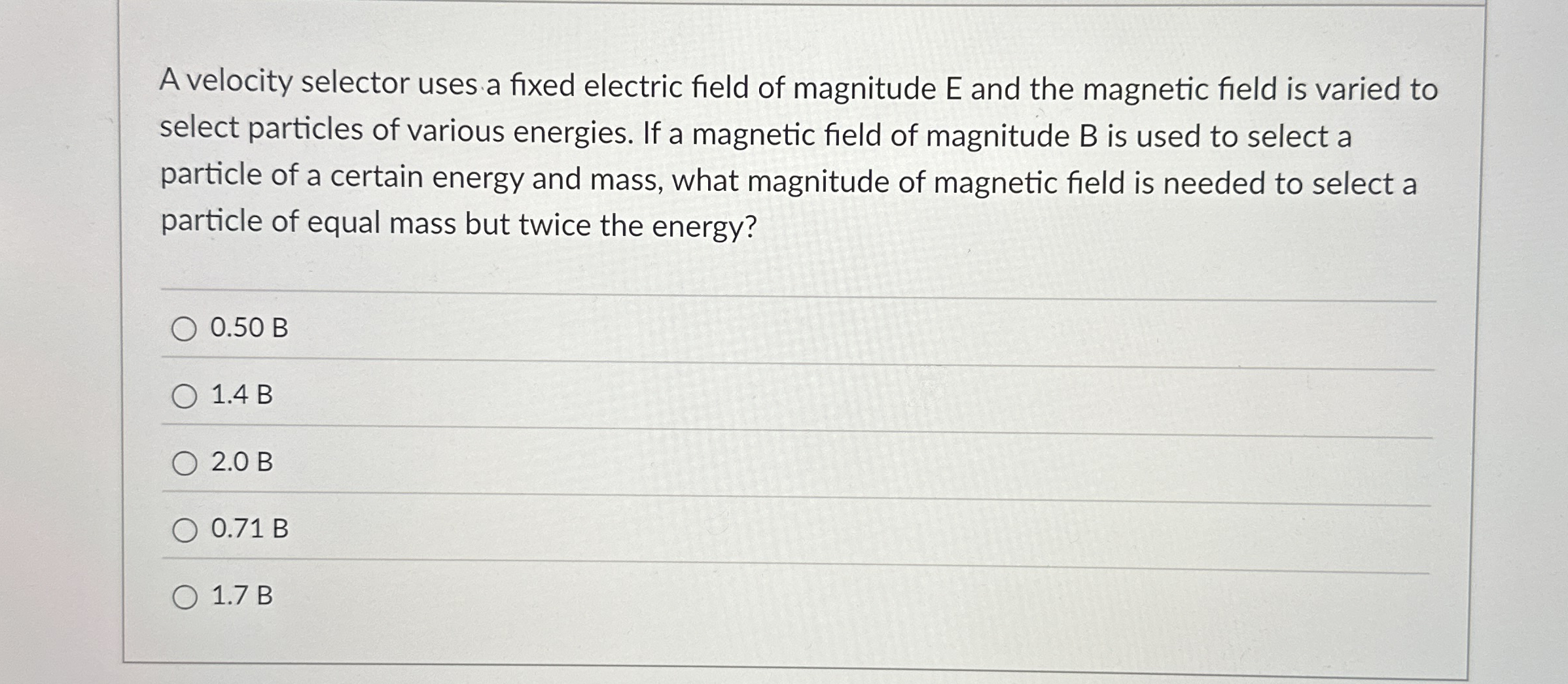 A velocity selector uses a fixed electric field