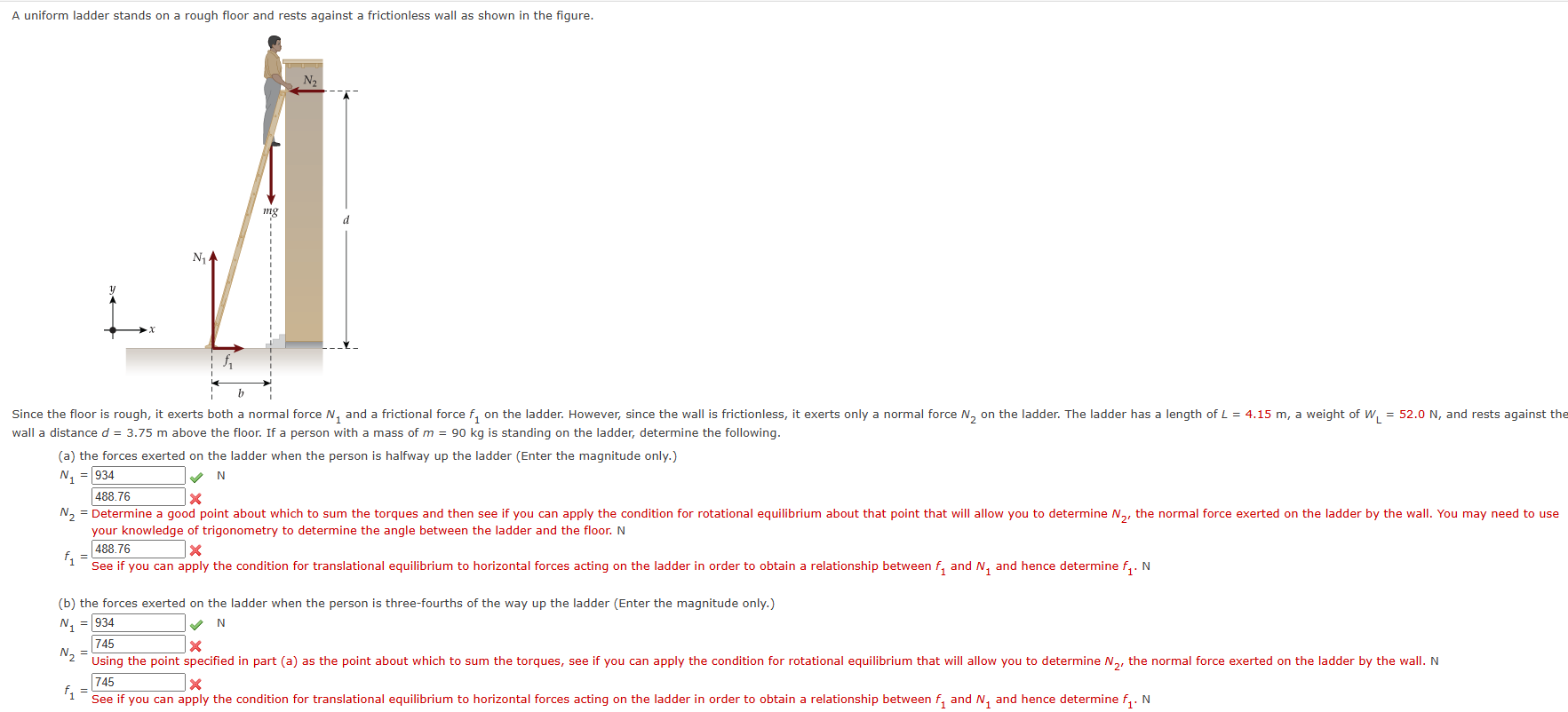 A uniform ladder stands on a rough floor and