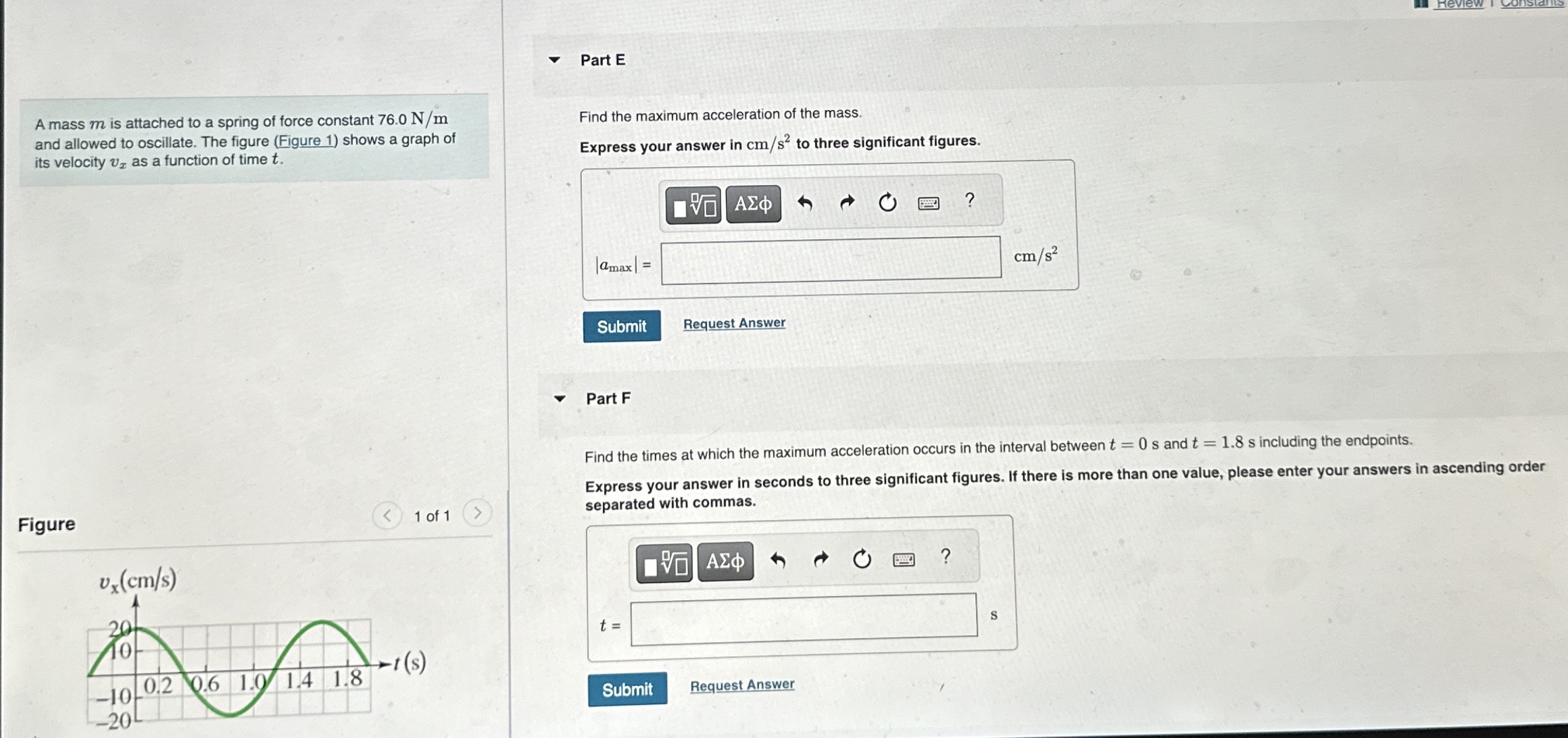 Review Part E A mass m is attached to a spring of