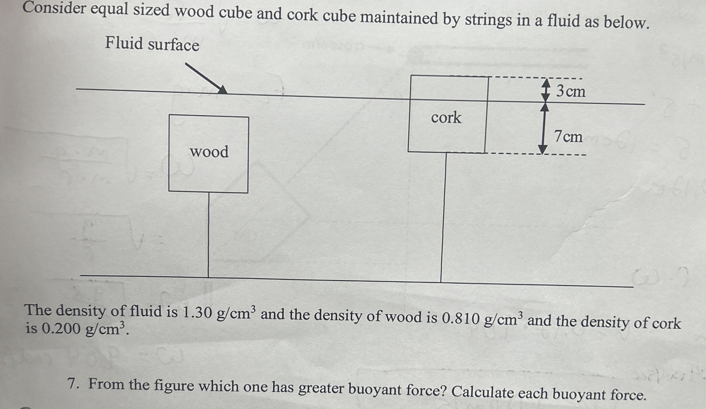 Consider equal sized wood cube and cork cube