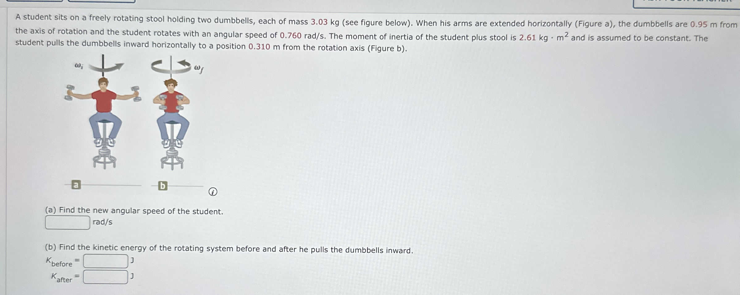 A student sits on a freely rotating stool holding