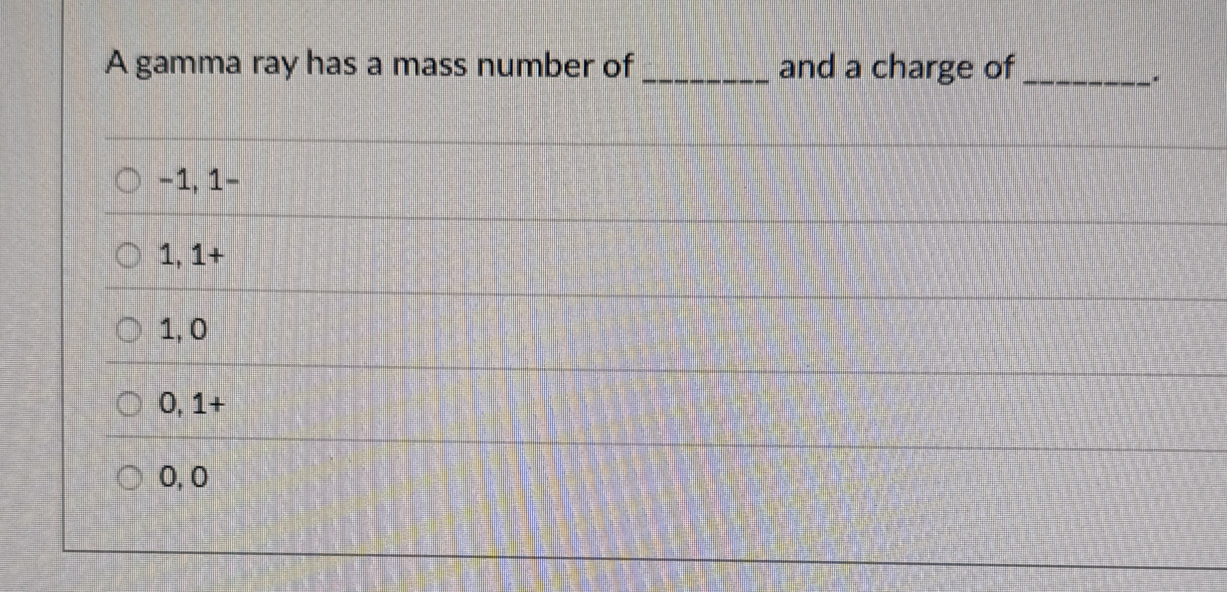 A gamma ray has a mass number of q , and a charge