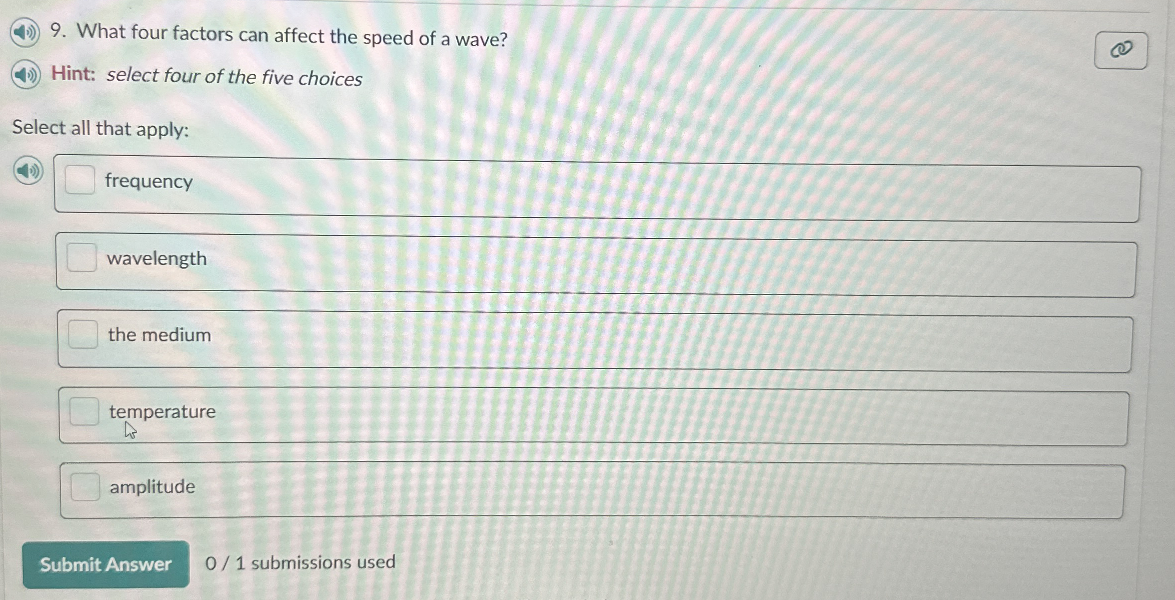 What four factors can affect the speed of a wave?