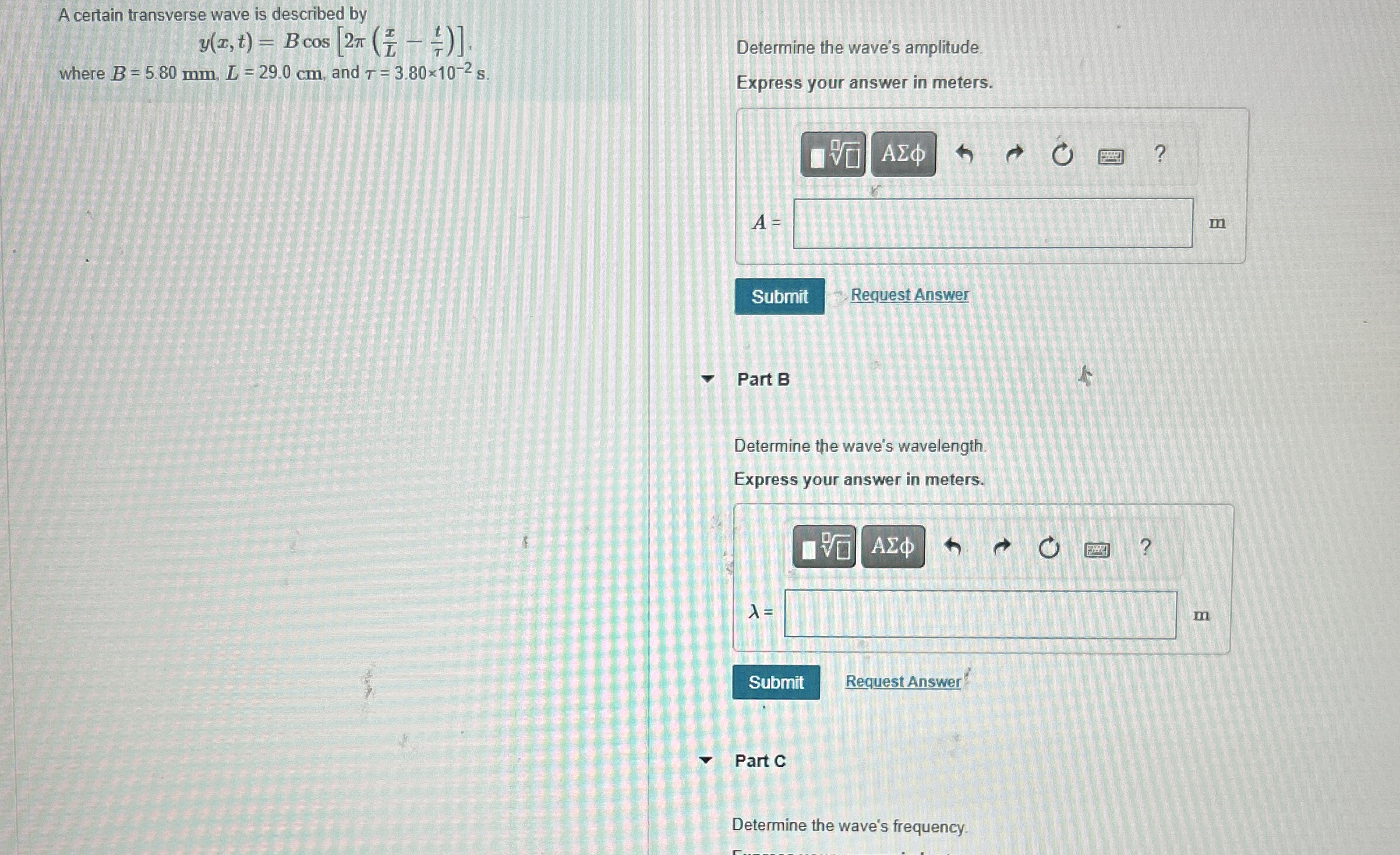 A certain transverse wave is described by y ( x ,