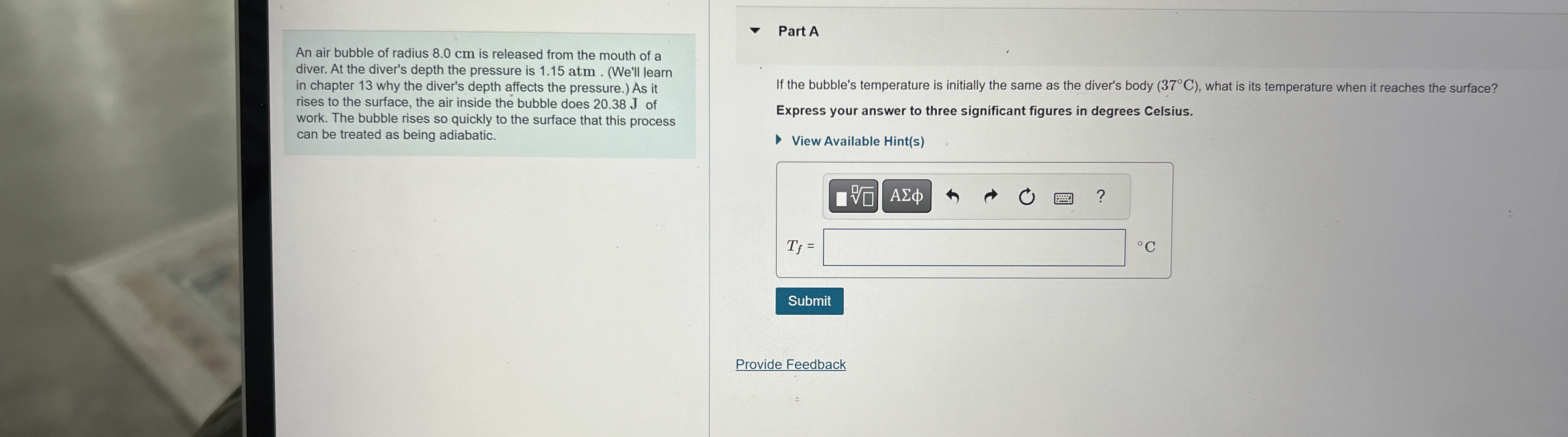 An air bubble of radius 8 . 0 cm is released from