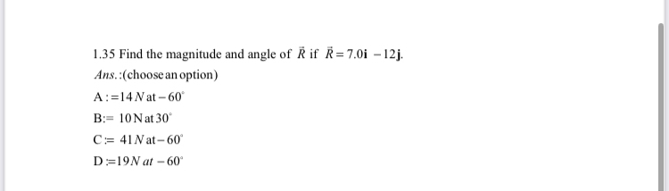 1 . 3 5 Find the magnitude and angle of vec ( R )