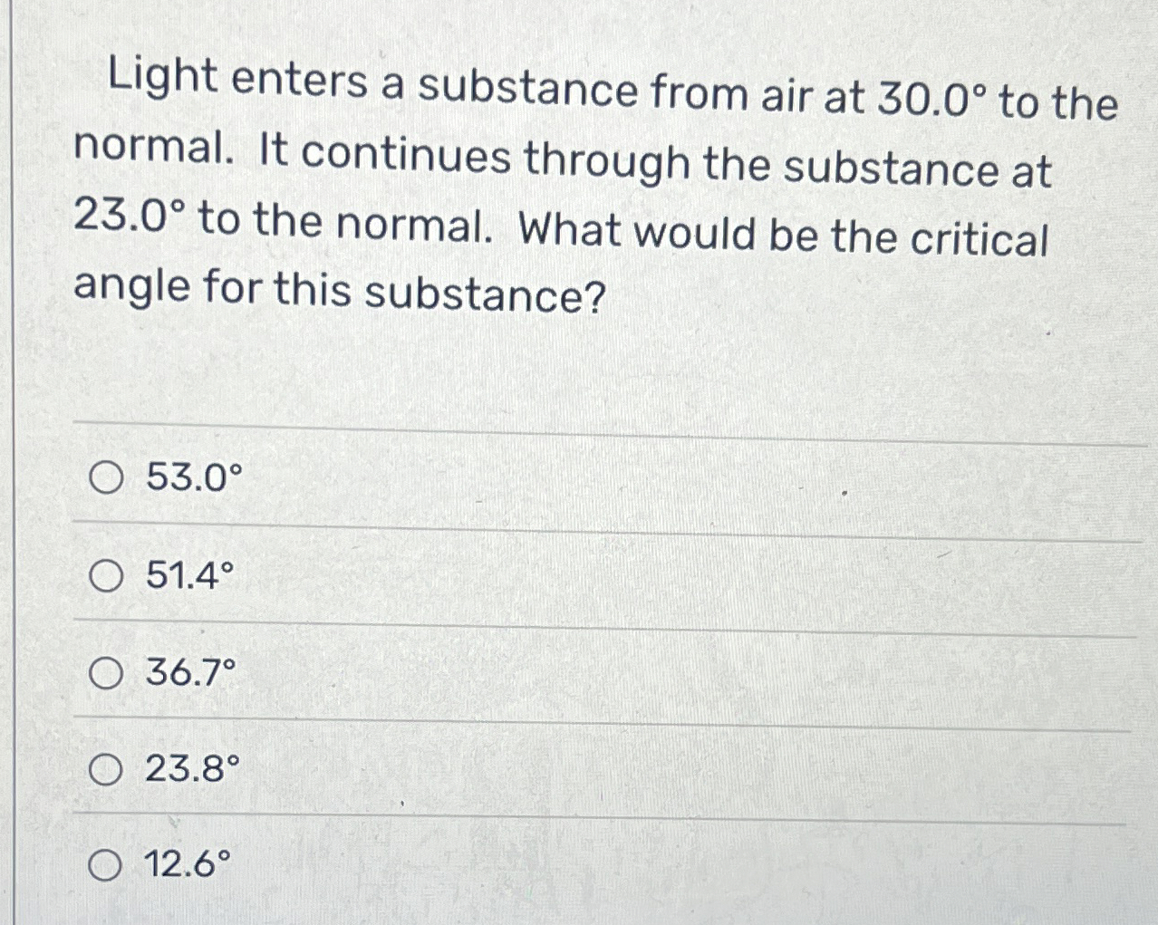 Light enters a substance from air at 3 0 . 0 to