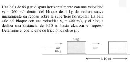 A 6 5 g bullet is fired horizontally with a