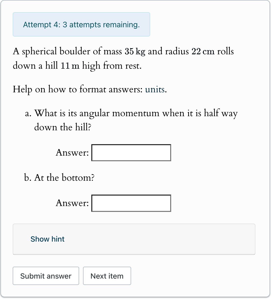 A spherical boulder of mass 3 5 kg and radius 2 2