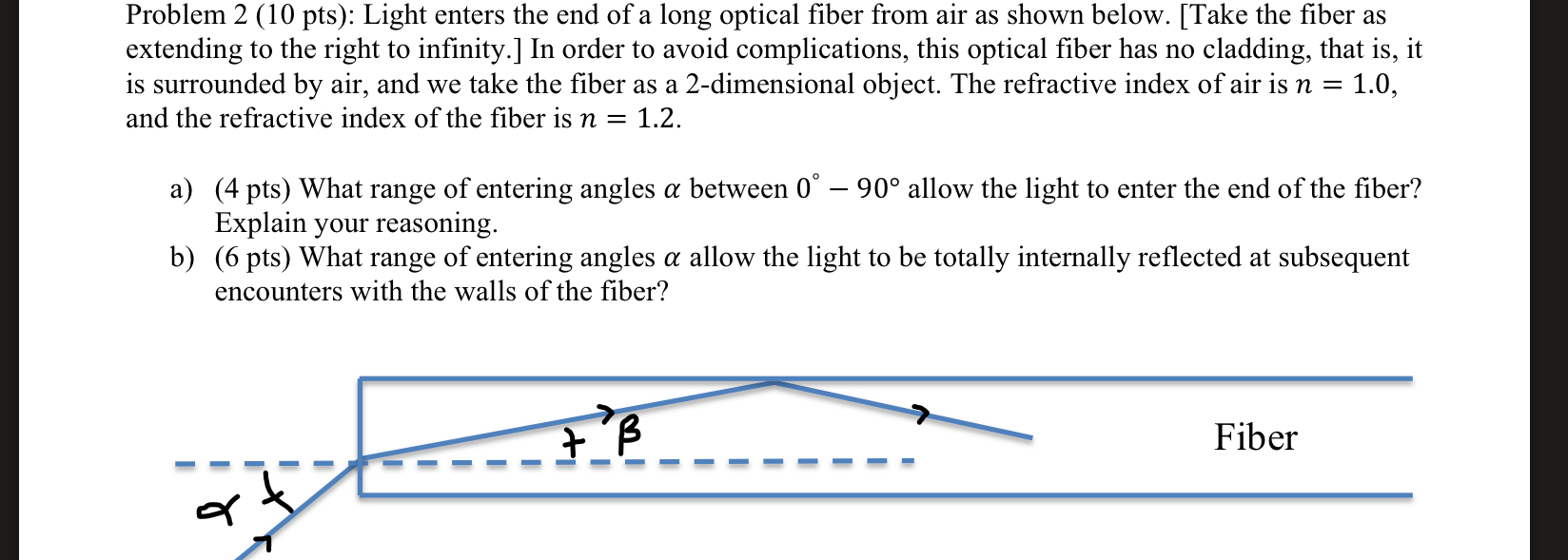 Problem 2 ( 1 0 pts ) : Light enters the end of a