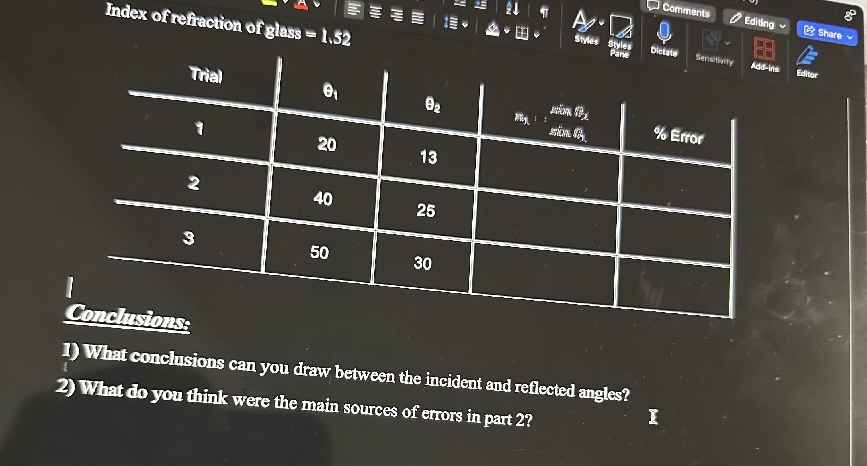 Please find n 1 = sin 0 2 / sin 0 1 and the