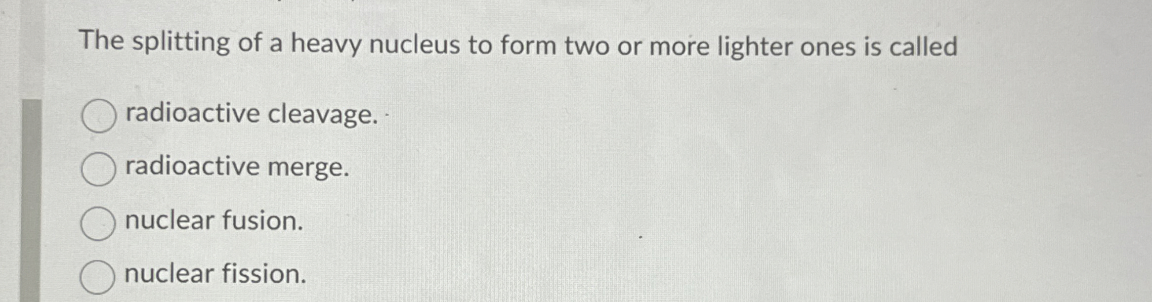 The splitting of a heavy nucleus to form two or