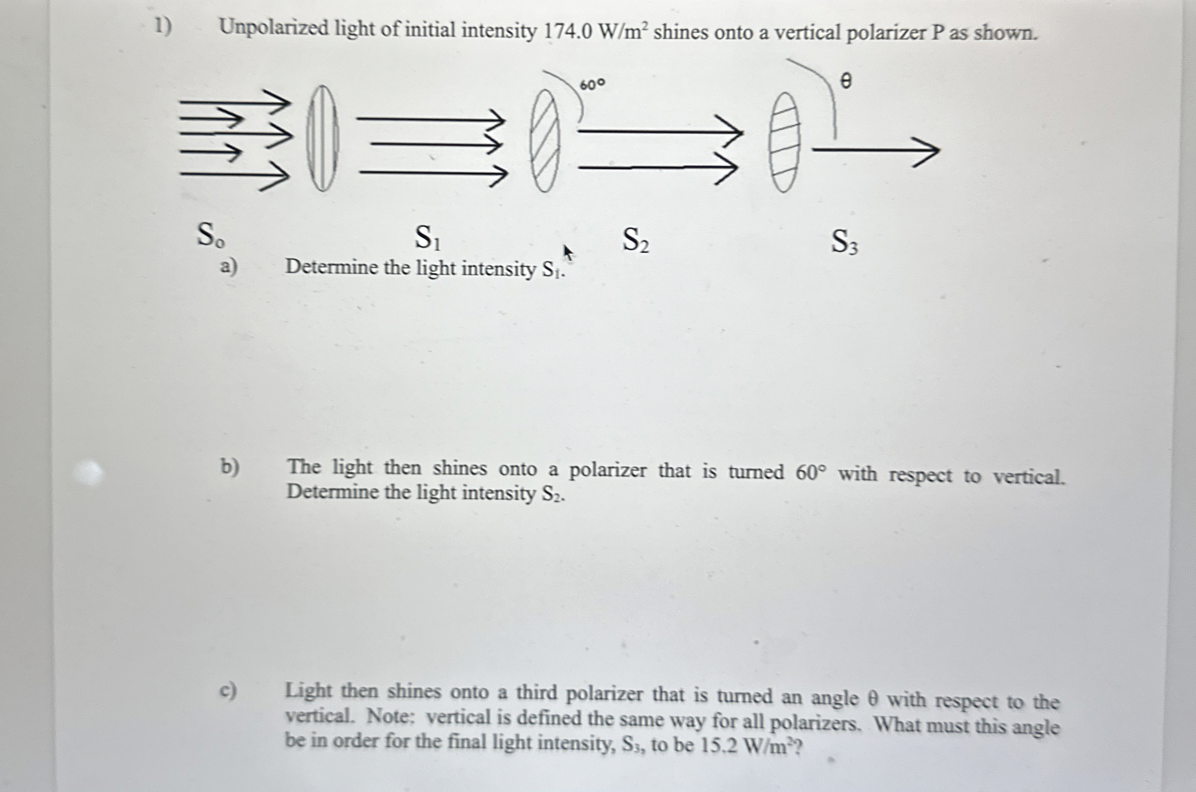 Unpolarized light of initial intensity 1 7 4 . 0