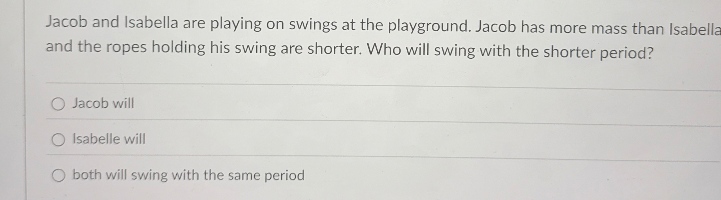 Jacob and Isabella are playing on swings at the