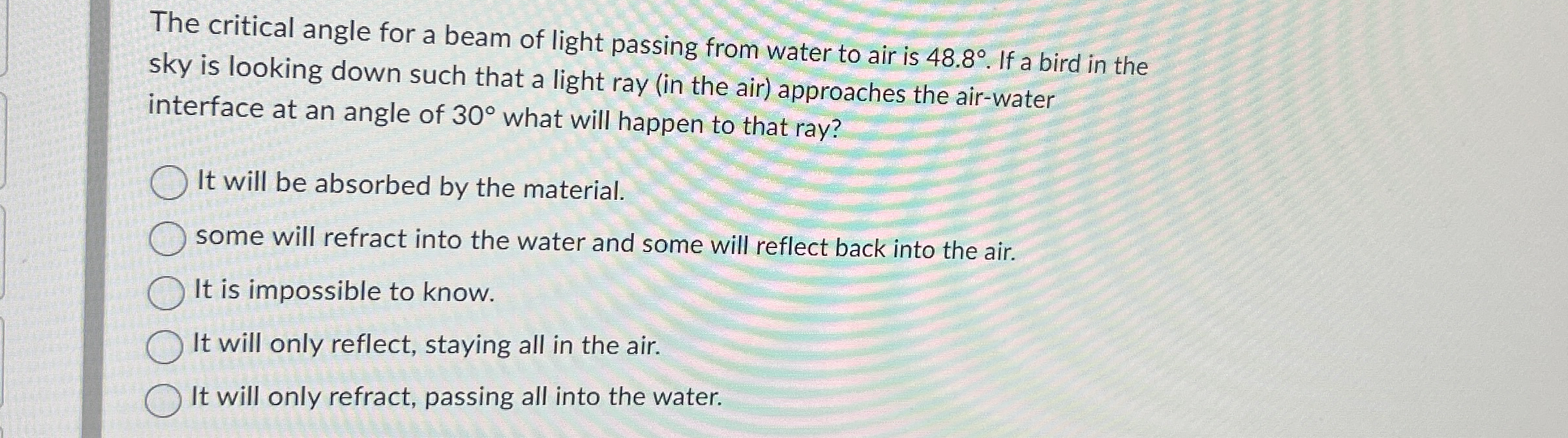 The critical angle for a beam of light passing