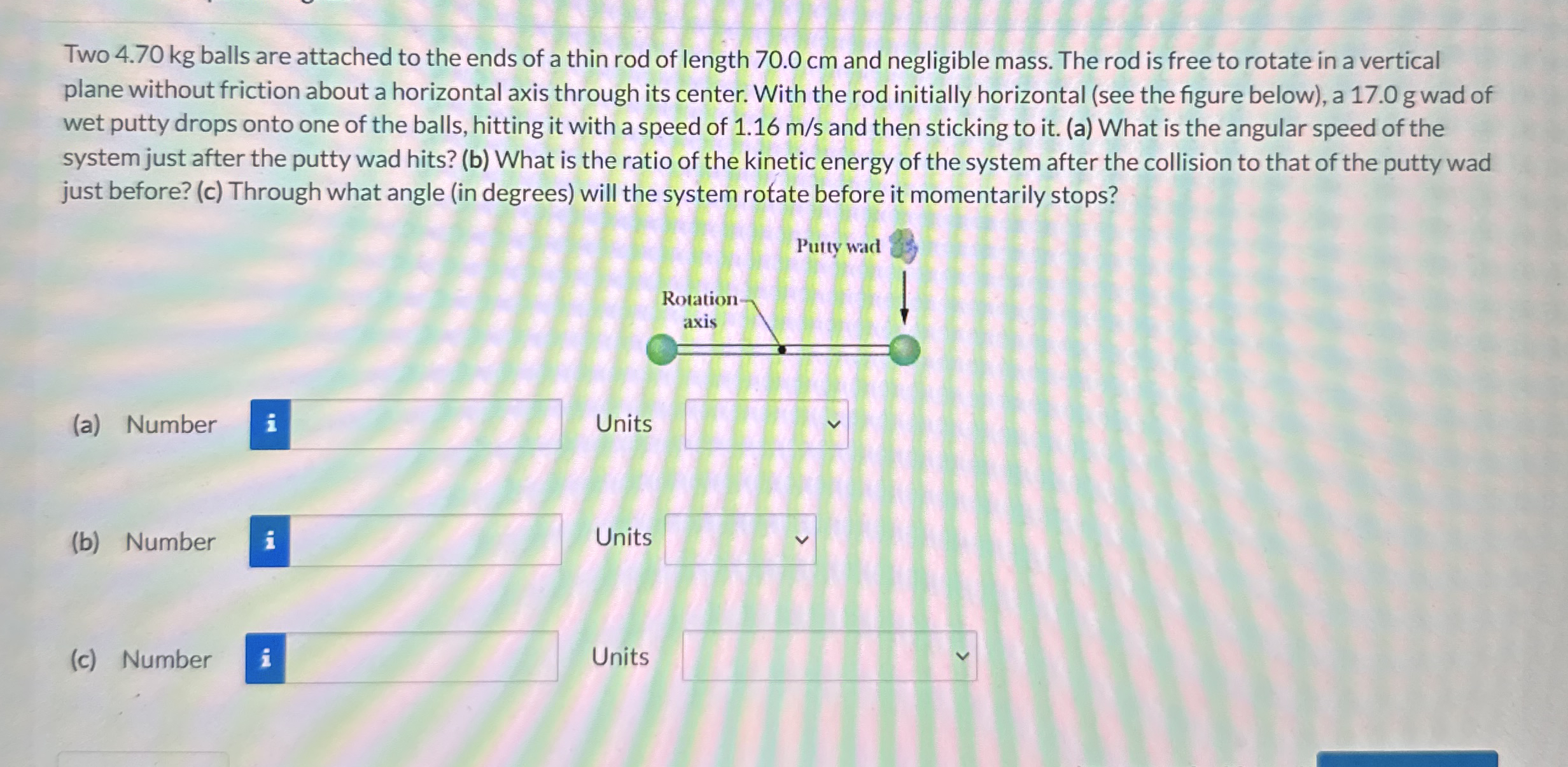 Two 4 . 7 0 kg balls are attached to the ends of