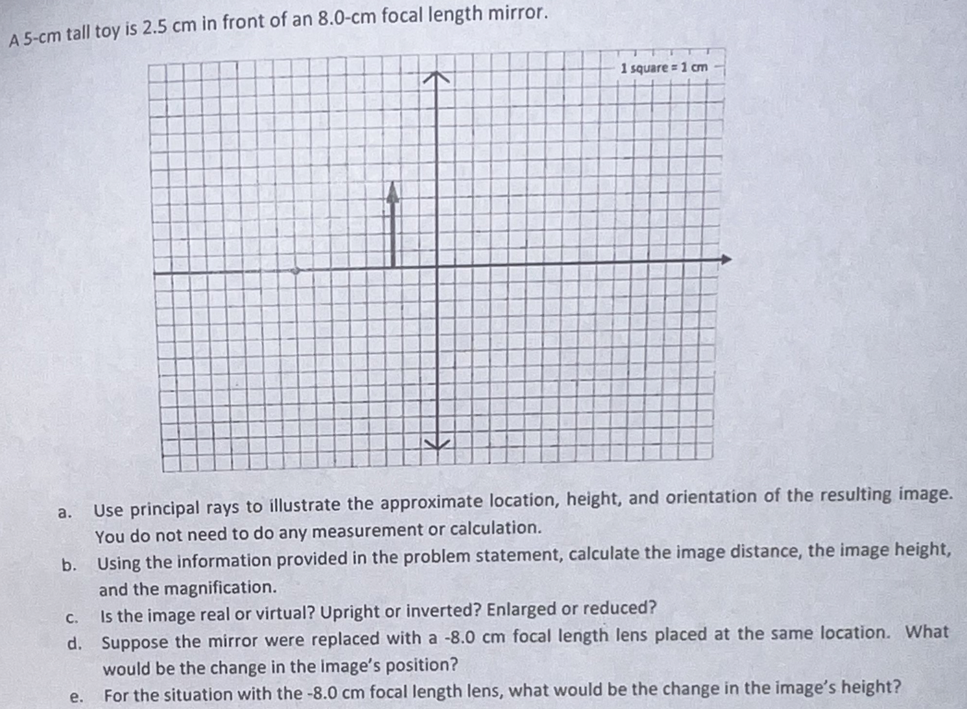 A 5 - c m tall toy is 2 . 5 cm in front of an 8 .