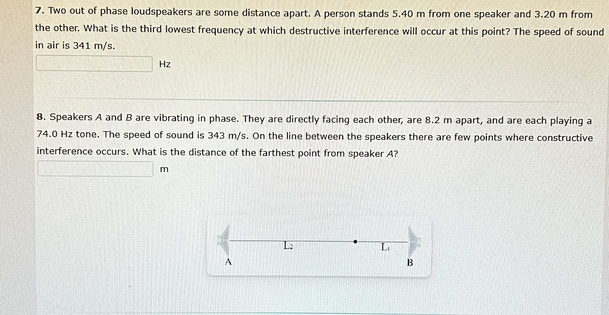Two out of phase loudspeakers are some distance