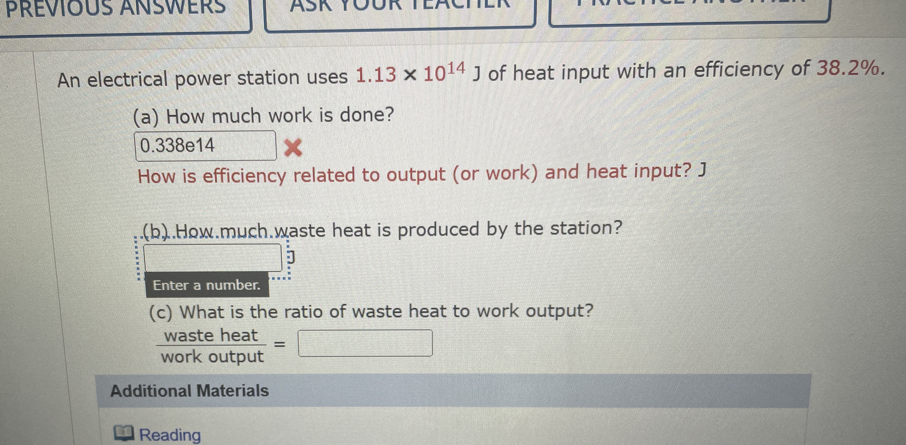 PREVIOUS ANSWERS An electrical power station uses