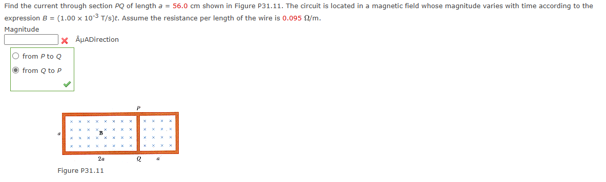Find the current through section PQ of length a =