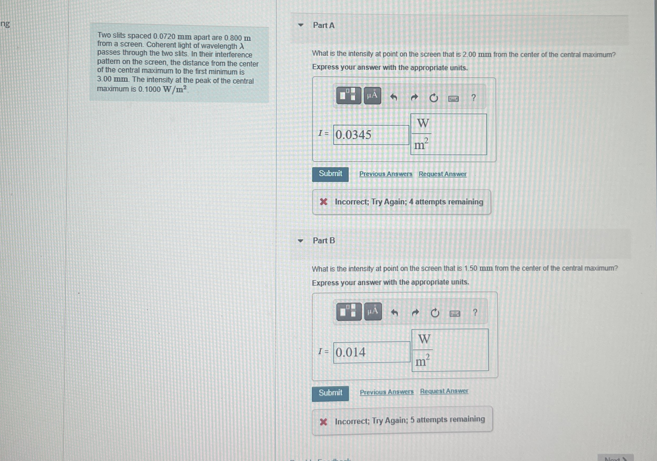 Two slits spaced 0 . 0 7 2 0 mm apart are 0 . 8 0