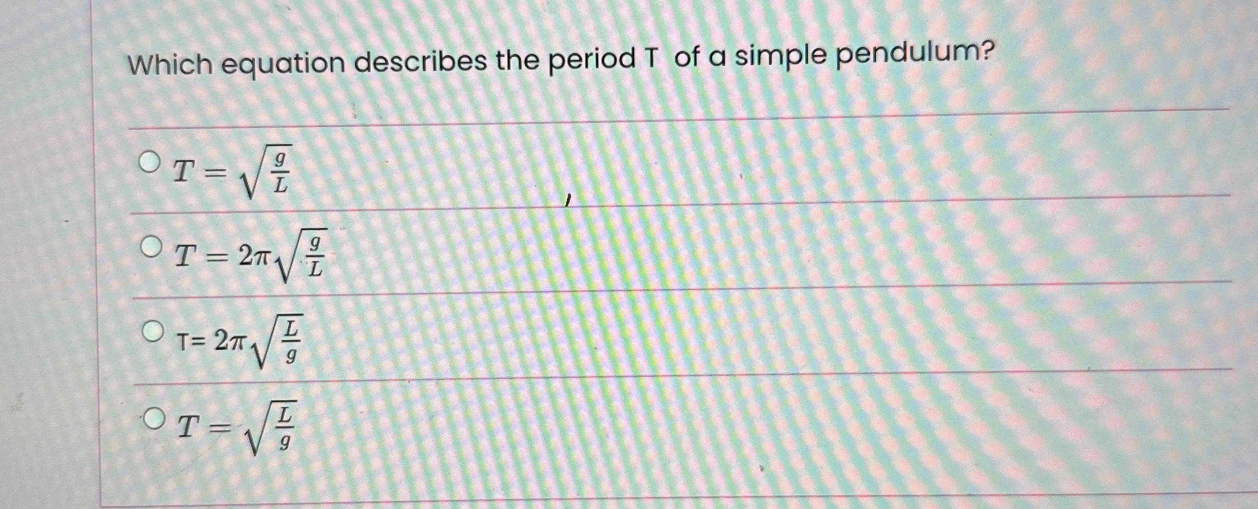 Which equation describes the period T of a simple