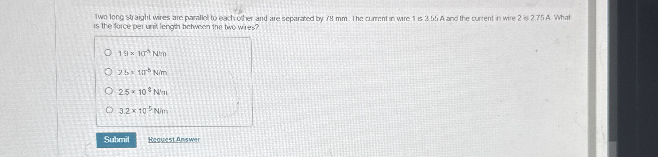 Two long straight wires are parallel to each