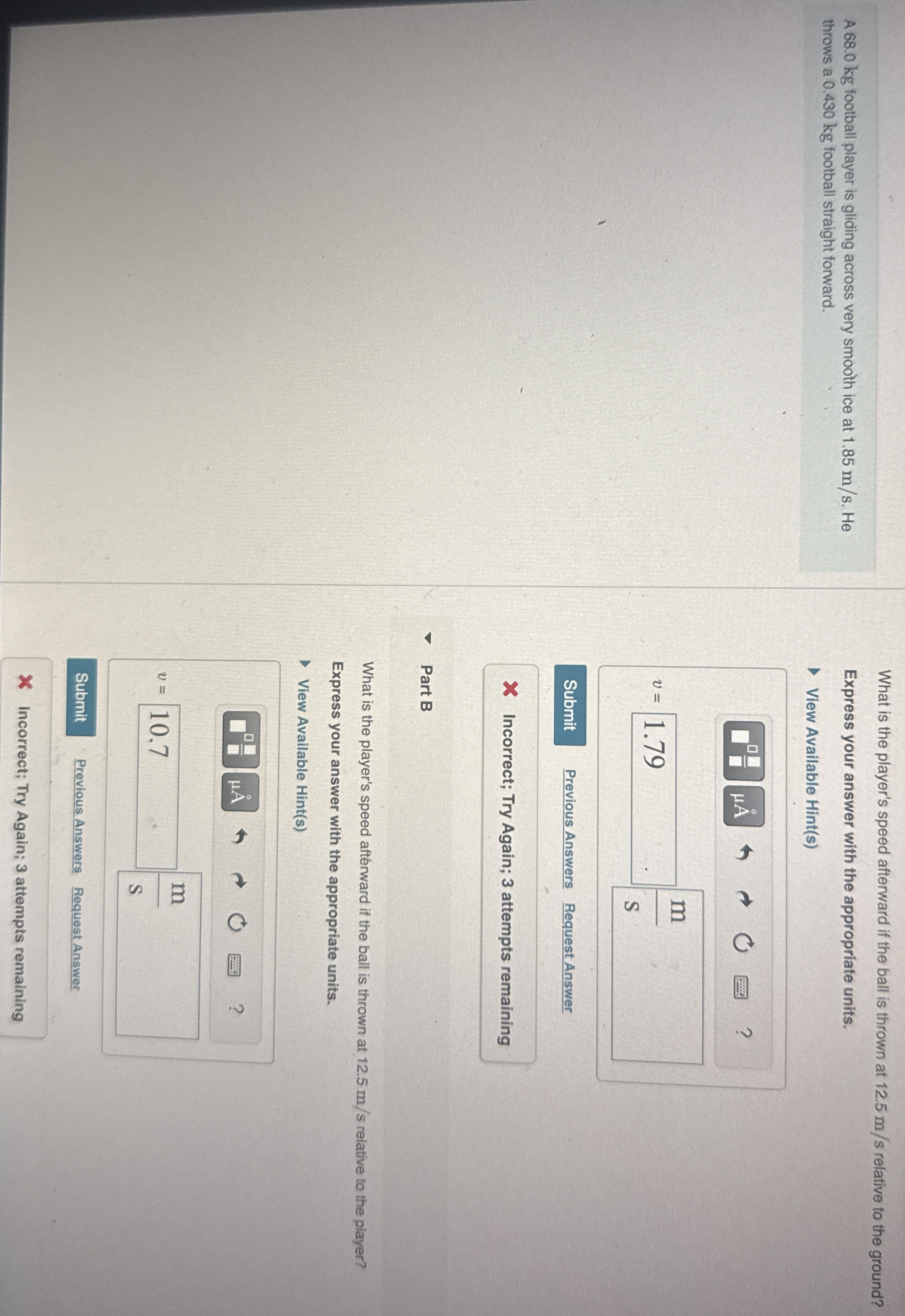 A 6 8 . 0 kg football player is gliding across