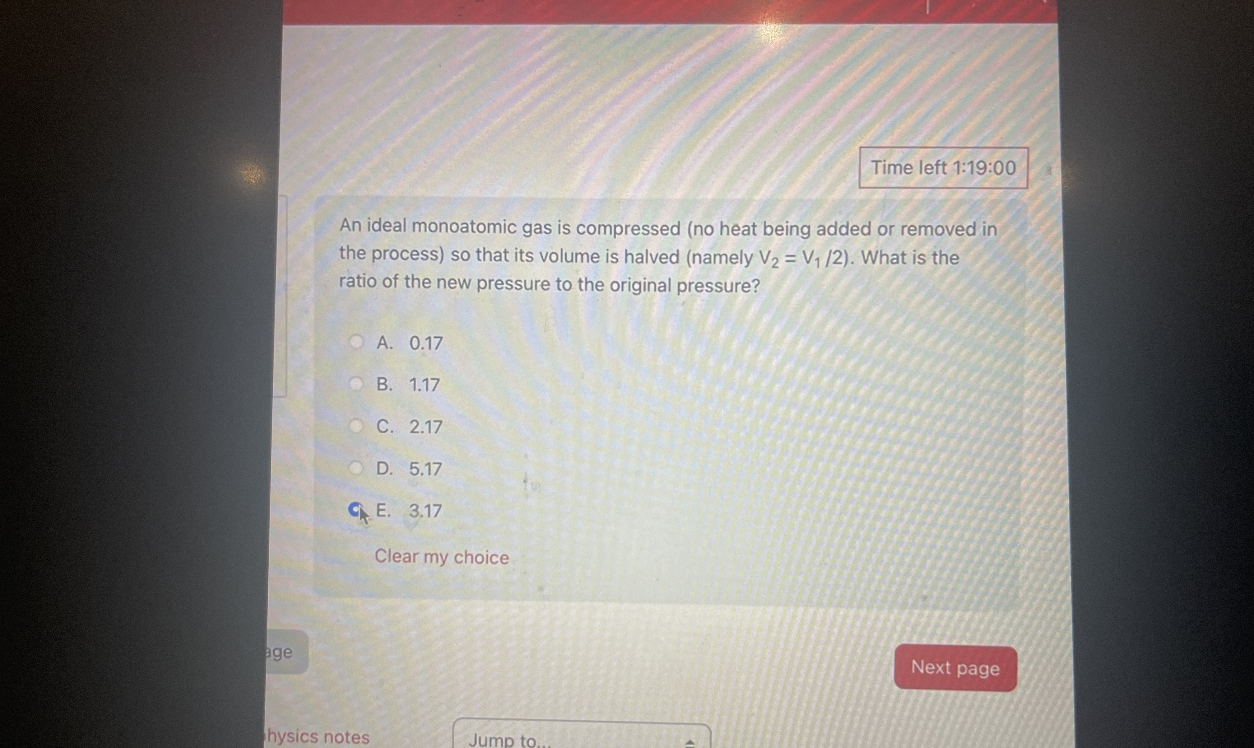 An ideal monoatomic gas is compressed ( no heat