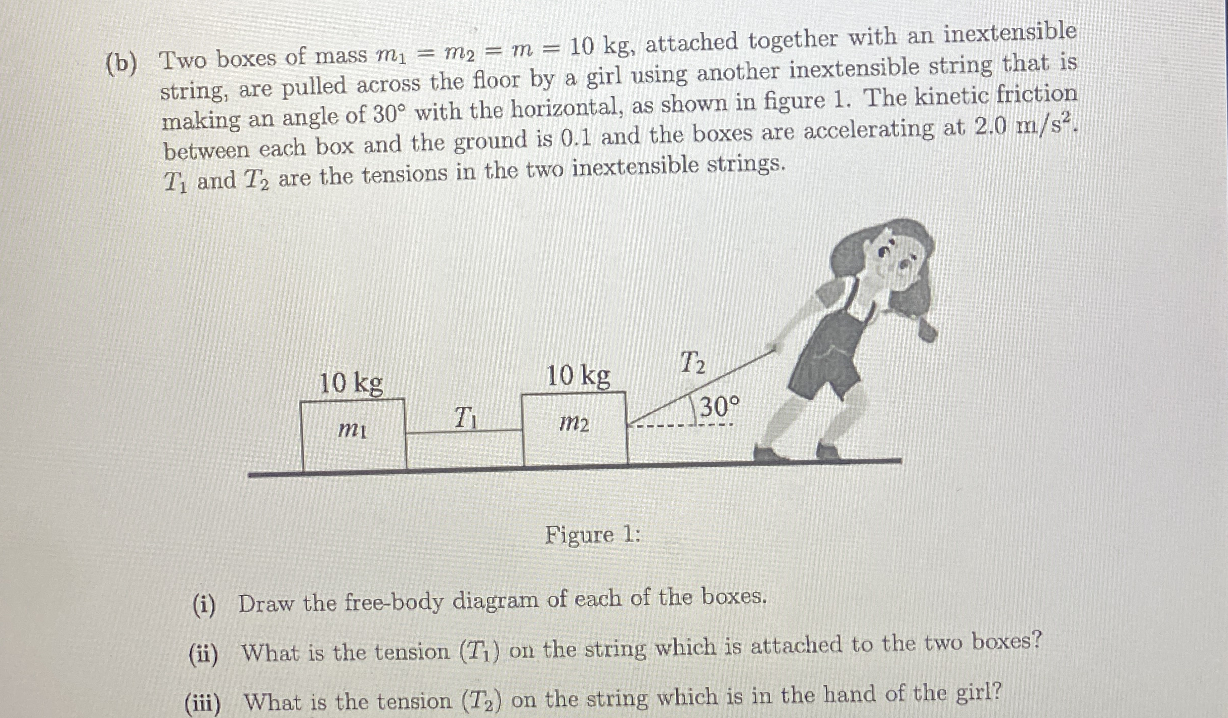 ( b ) Two boxes of mass m 1 = m 2 = m = 1 0 k g ,
