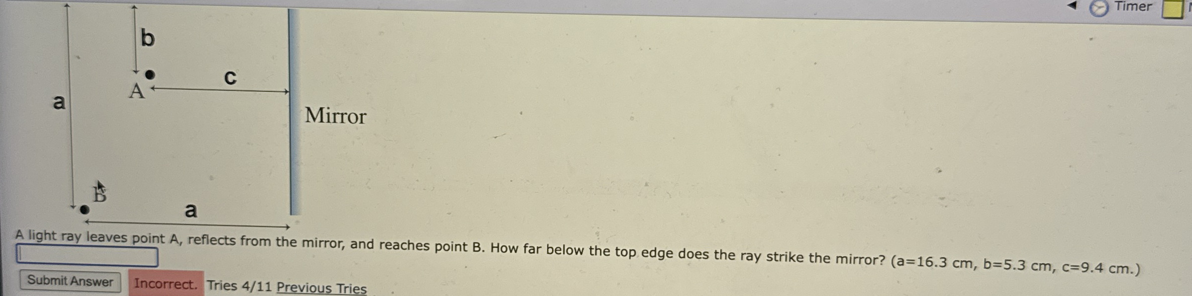 Timer A light ray leaves point A , reflects from