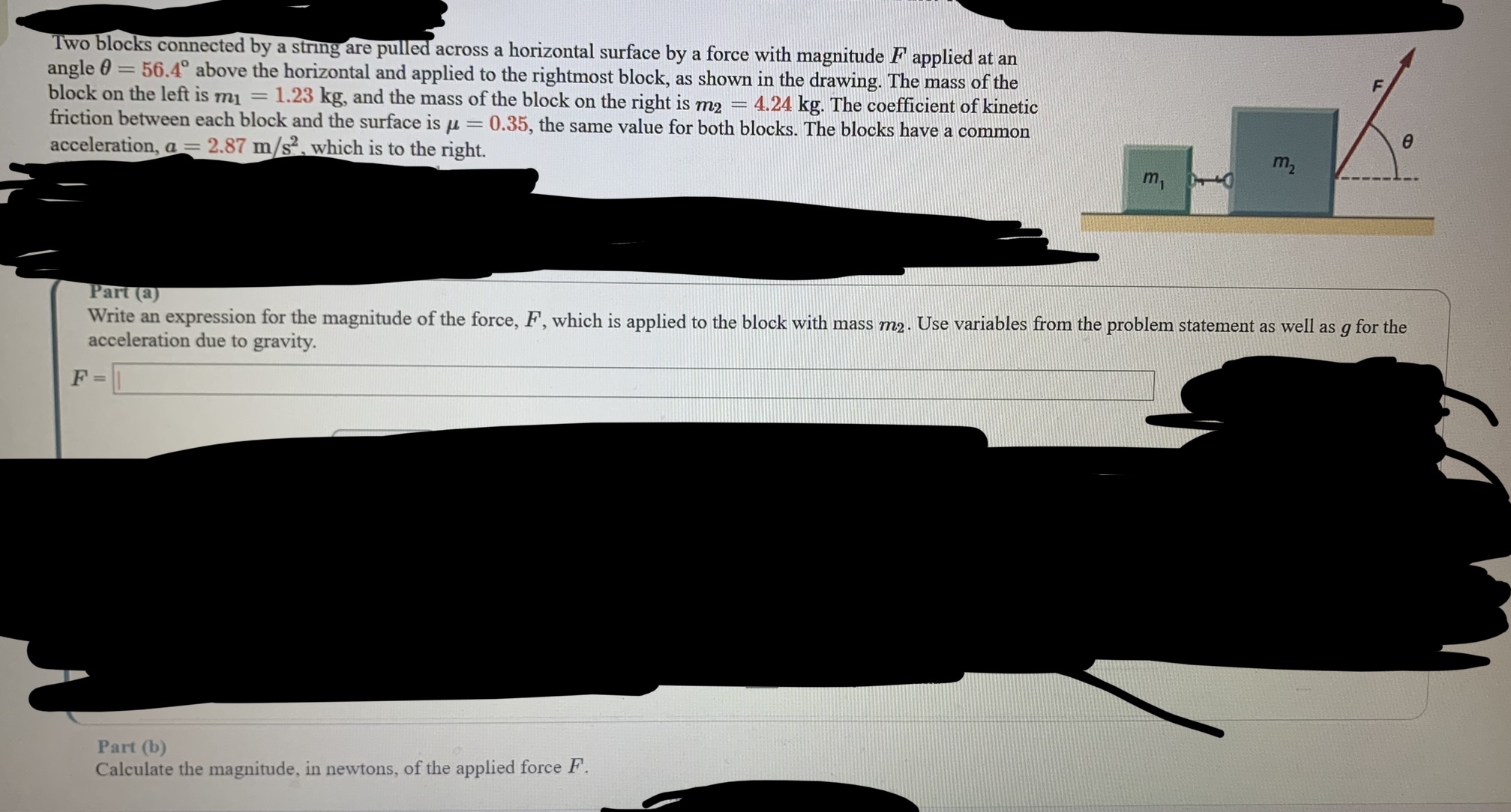 Two blocks connected by a string are pulled