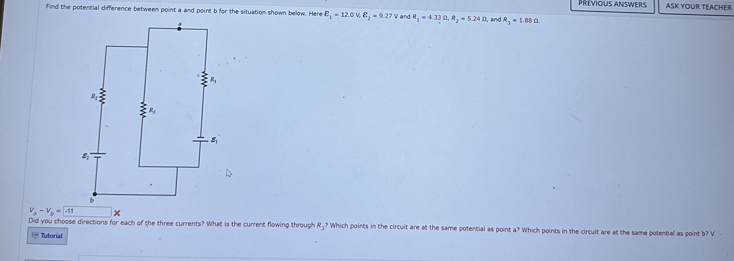 Find the potential difference between point a and