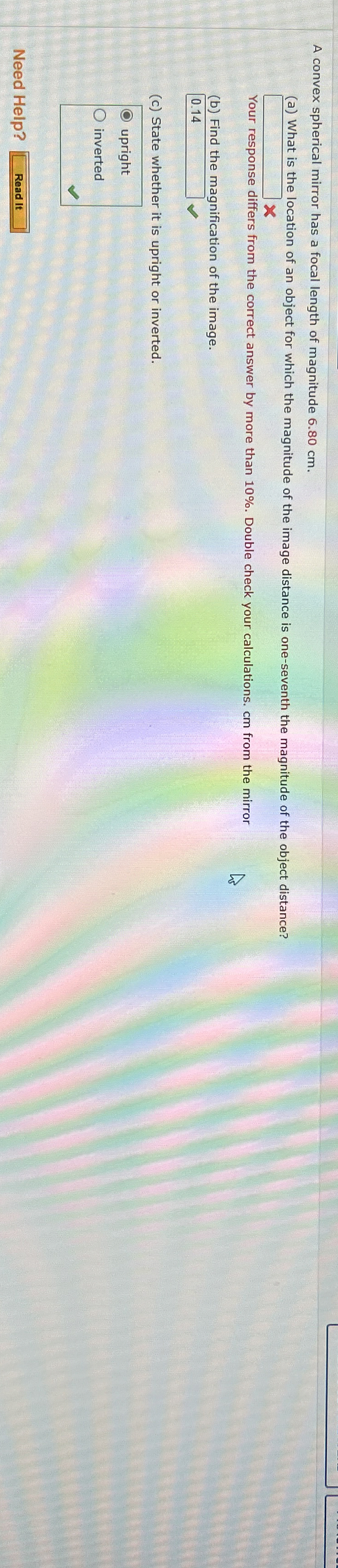 A convex spherical mirror has a focal length of