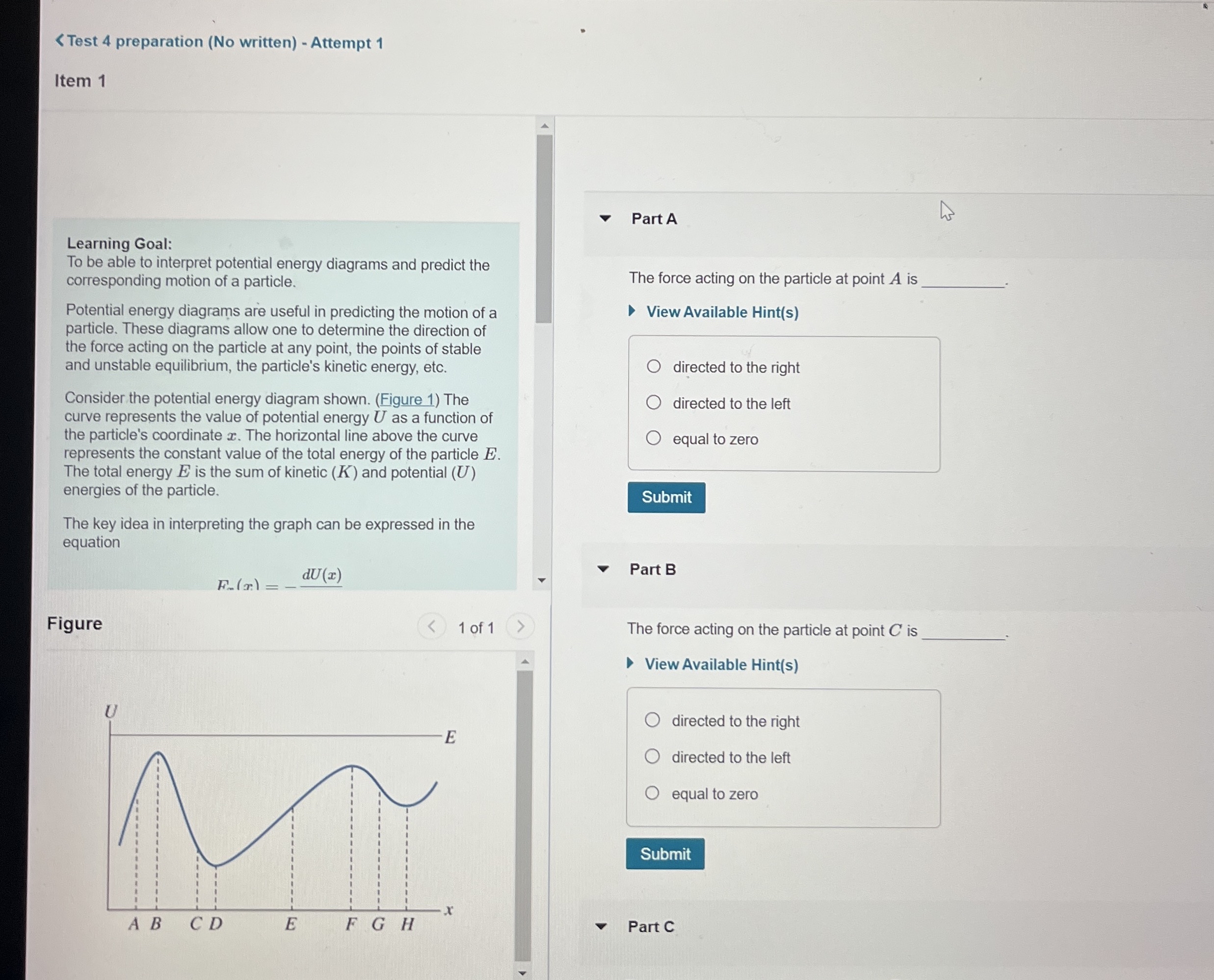 Part A The force acting on the particle at point